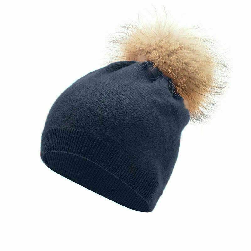 Women Winter Warm Cashmere Wool Knitted Real Fur Pom Pom Ball Beanie Hat