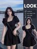 2024 High-end Hepburn Style Black Puff Sleeve Slimming Dress for Women