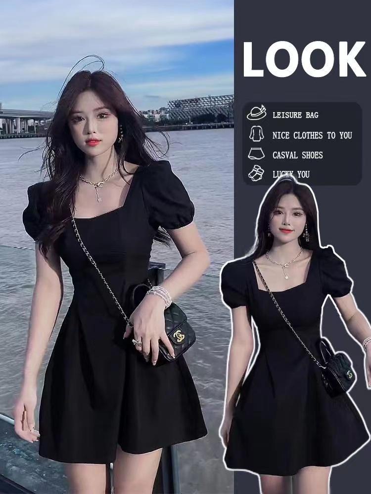2024 High-end Hepburn Style Black Puff Sleeve Slimming Dress for Women