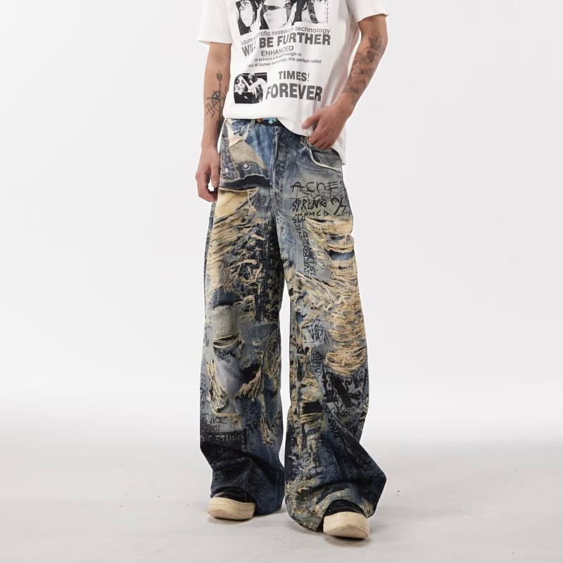 JYL Унисекс Прямые Джинсы Стиль AC 3D Печать Рваные Свободные Повседневные Модные Джинсовые Брюки S бездна