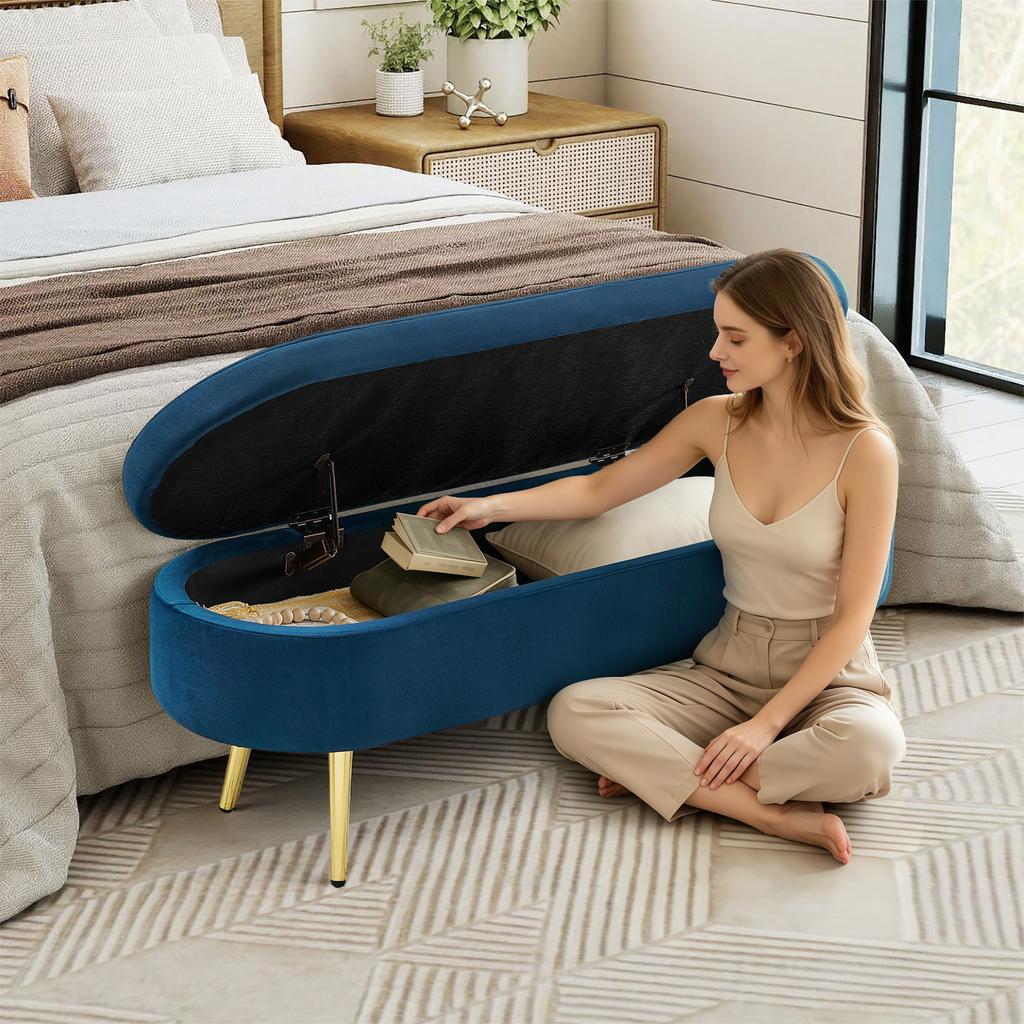 Multifunctional Bench, Soft Velvet, Metal Legs, Wood Frame, 20L Storage Space, 110x40x42cm, for Bedroom, Living Room, Shoe Bench, Hallway, Blue