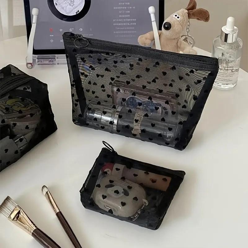 Nylon Mesh Zipper Cosmetic Bag Portable Travel Organizer Small Large Black Transparent Toiletry Pouch Makeup Storage Bags
