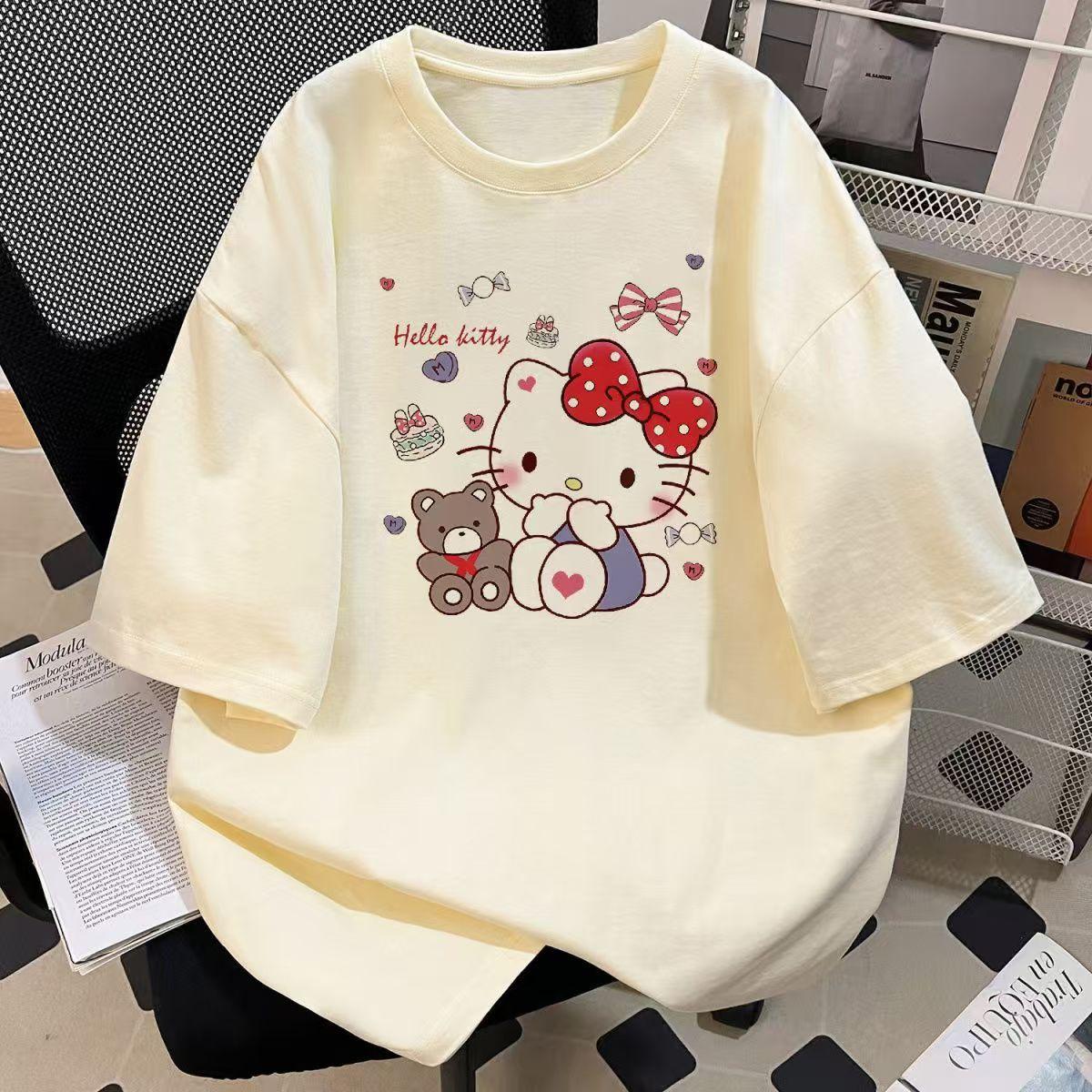 

Sanrios 2026 Summer New Collection HelloKitt Graffiti Cartoon Print Pure Cotton Breathable Womens ShortSleeved TShirt S