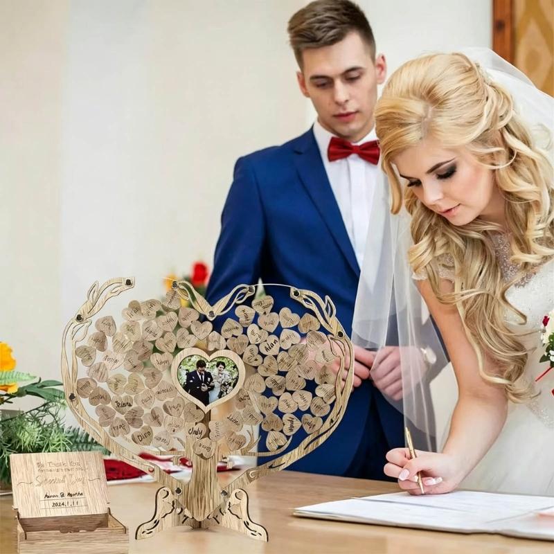 Romantics Wooden Wedding Guest Book With Heart Picture Frame For Bridals Shower And Anniversary Celebration