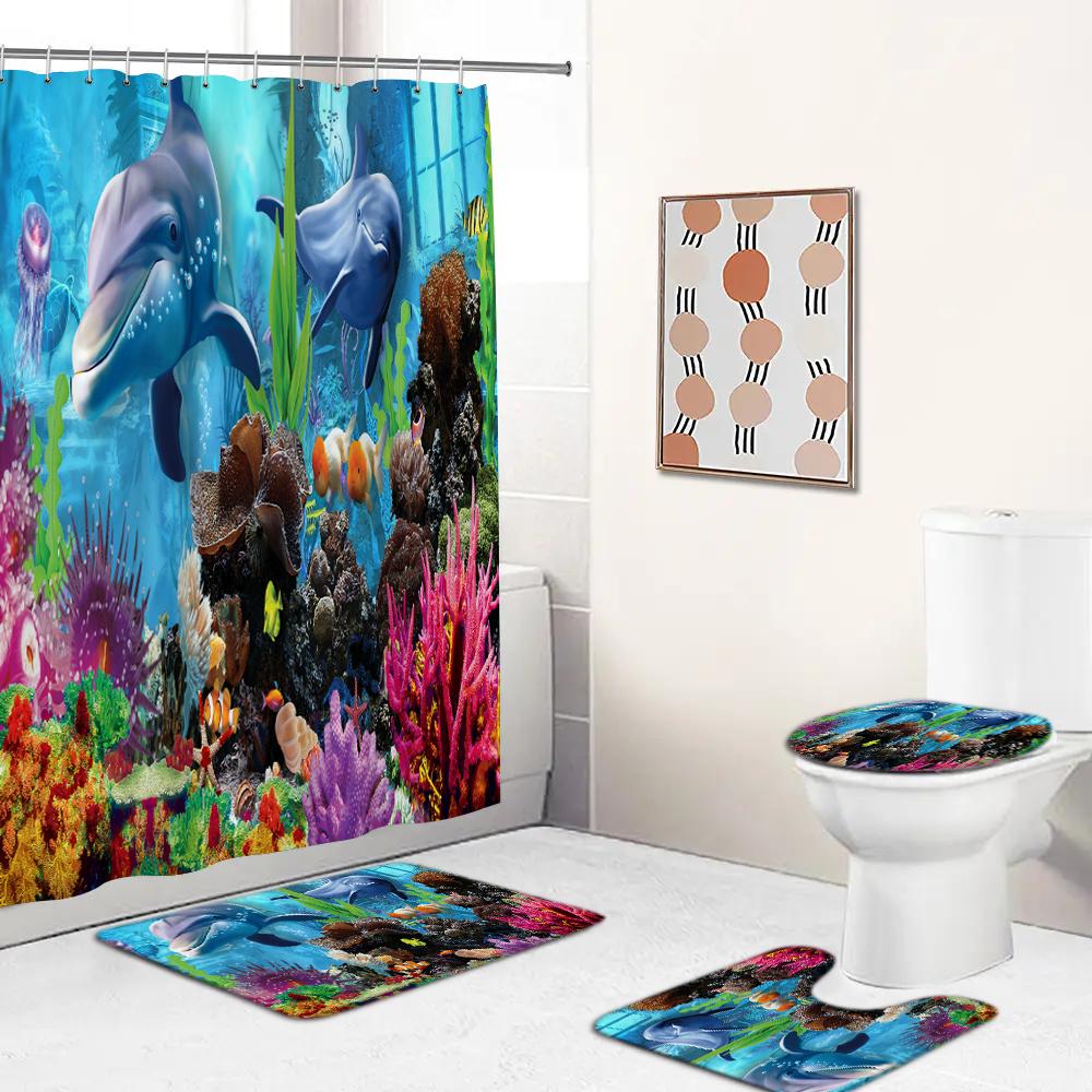 Ocean Creature Fish Dolphin Printed Shower Curtain Set With Rugs Waterproof Bathroom Curtain Anti-Slip Toilet Carpet Home Decor
