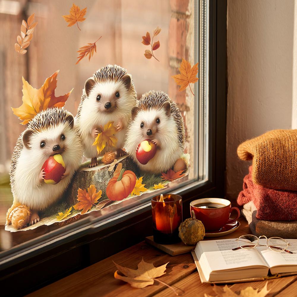 Cute Hedgehog Eating Apples, Autumn Fallen Leaves, Home Glass Window Decoration Stickers
