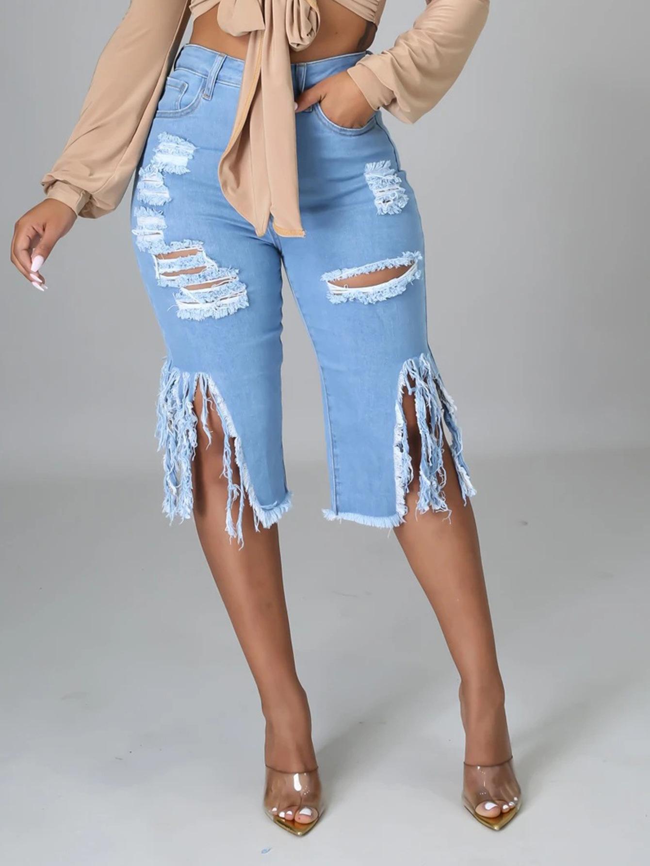 Women s Light Blue Distressed Denim Cropped Pants with Side Slits S светло-синий