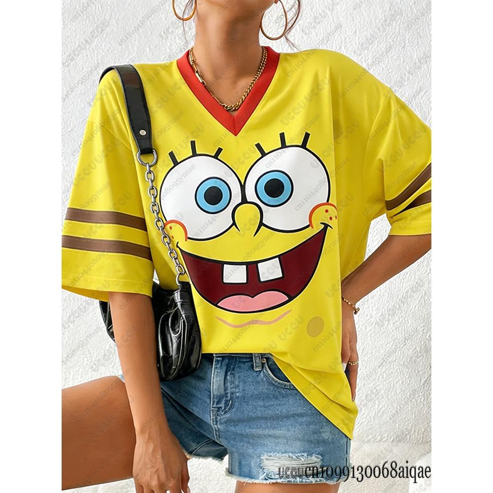 Cartoon SpongeBob Print T-shirts For Women Casual V-Neck Short Sleeve Mesh Breathable Sports Football Jersey Loose Y2K Tops S