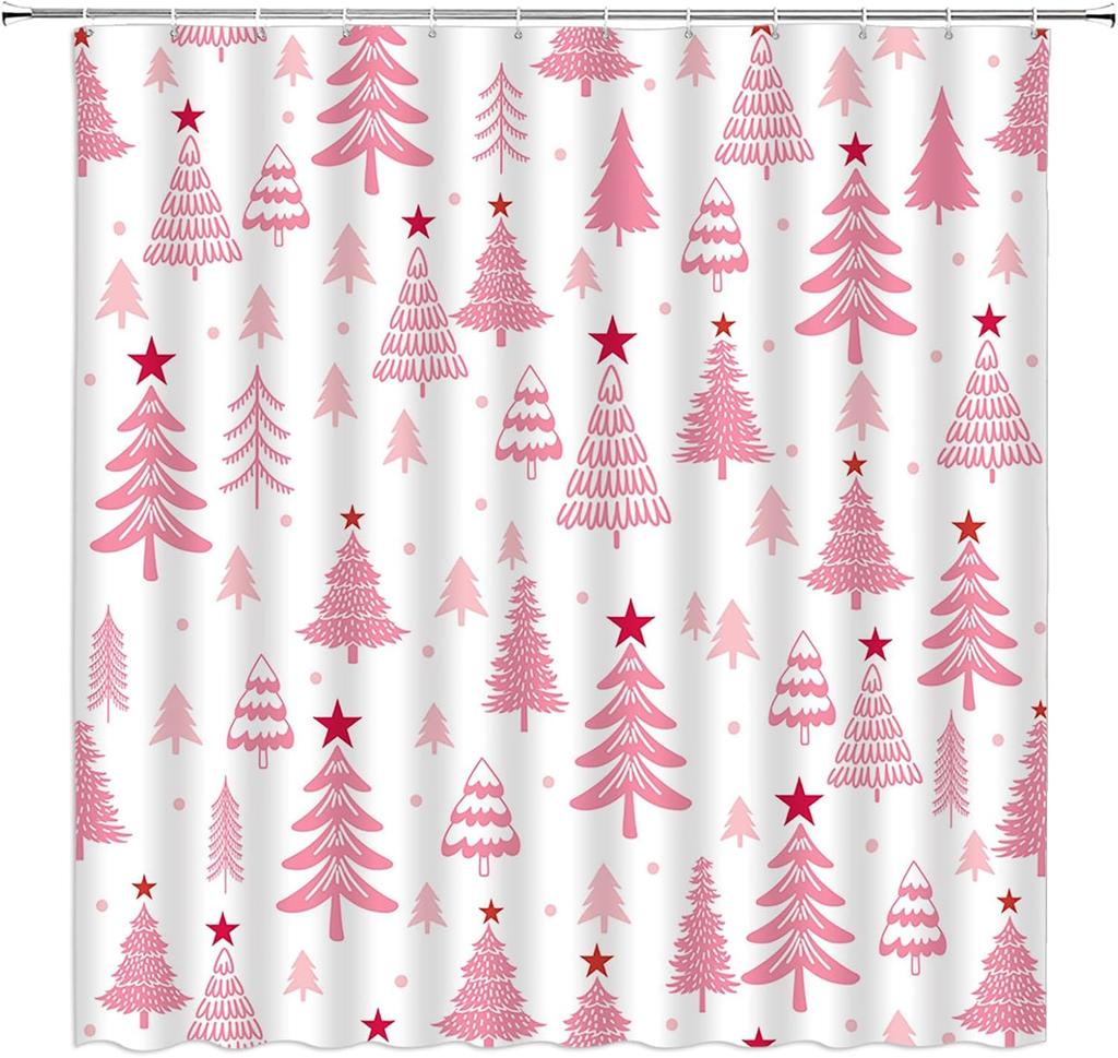 Christmas Tree Shower Curtain Blue Cute Xmas Tree Stars Cartoon Winter Holiday Merry Christmas New Year Bathroom Decor