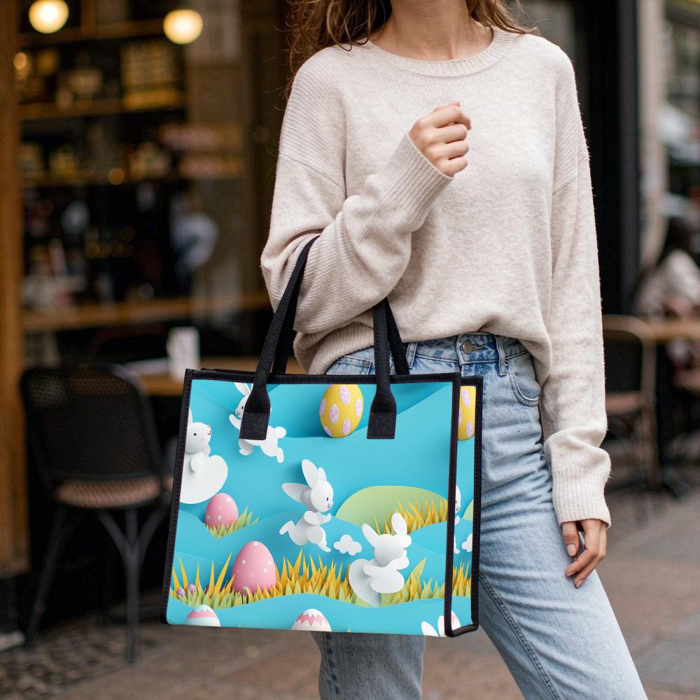 Easter Cartoon Bunny Tote Bag Portable Casual Shopping Handbag for Daily Use