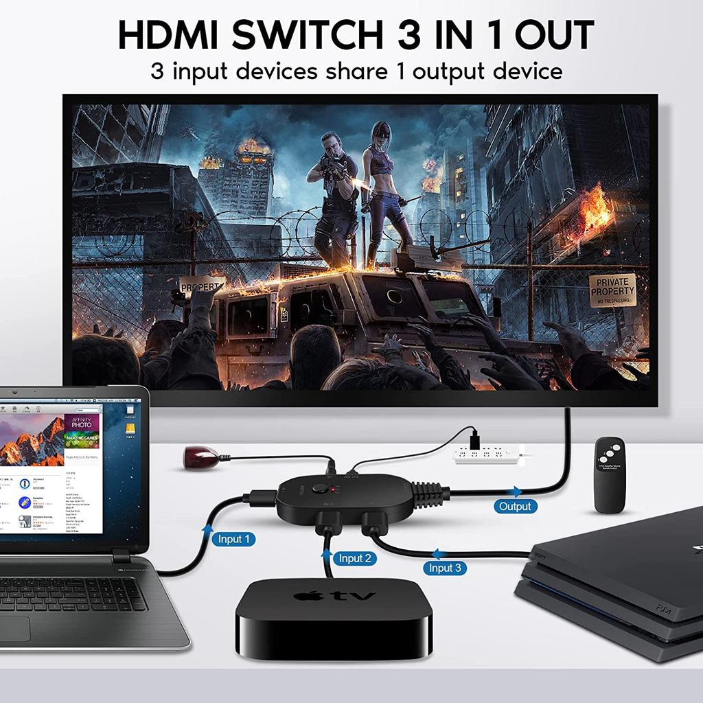 Q2-4 HDMI Switch 4K 3 In 1 Out Splitter UHD 4K Resolution Switcher with Remote Control