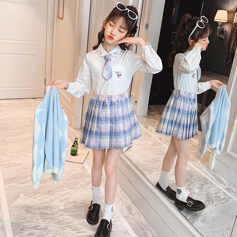 Spring 2023 Girls' JK Plaid Skirt 3-Piece Set: Sweater & College Style Suit