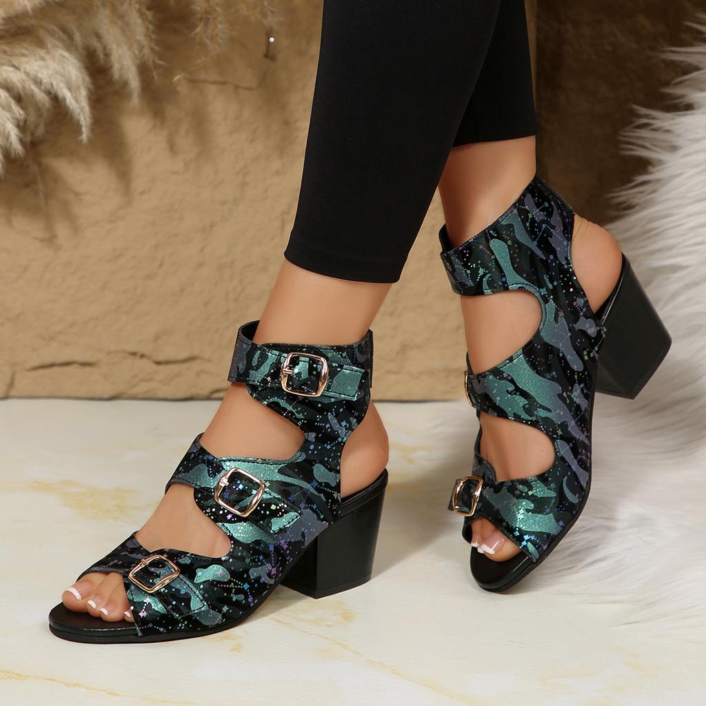 Belt Buckle High-heeled Sandals for Women In Summer 2025 New Hollow Out Oversized Thick Heel Roman Sandals