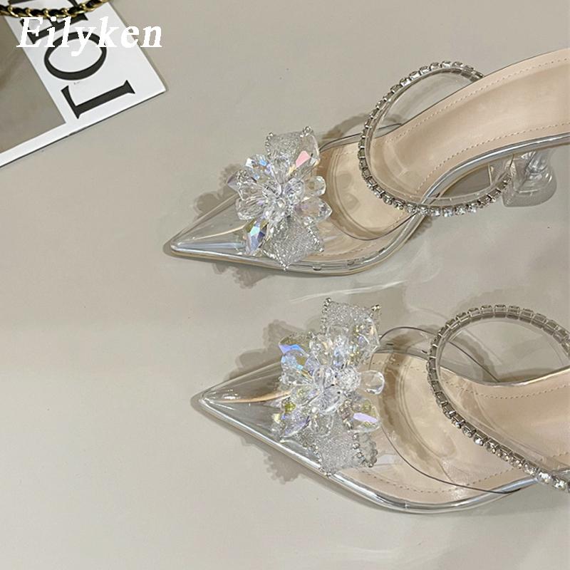 Fashion Eilyken Fashion String Bead Crystal Buckle Women Pumps Sexy Pointed Toe Low Heels PVC Transparent Sandals Wedding Prom Shoes