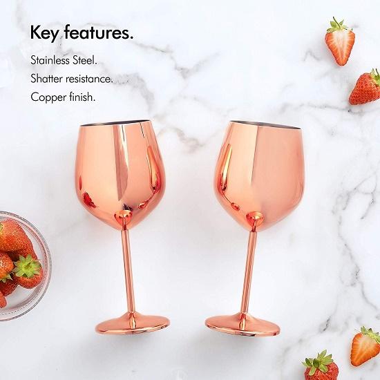 Stainless Steel Stemmed Wine Glasses, Shatter Proof Copper Coated Unbreakable Wine Glass Goblets,Premium Gift for Men
