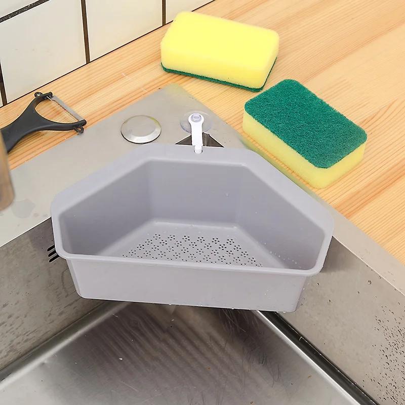 Triangular Sink Strainer Drain Fruit Vegetable Drainer Basket Suction Cup Sponge Rack Storage Kitchen Tools Sink Filter Shelf