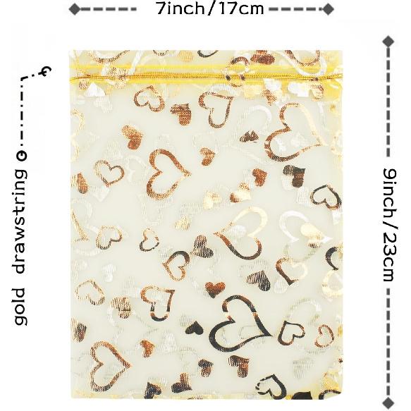 QIANHAILIZZ 100 Pack 7 x 9 Inch Drawstring Flower Heart Bags Organza Jewelry Gift Pouch Candy Pouch Drawstring Wedding Favor Bags (gold heart)