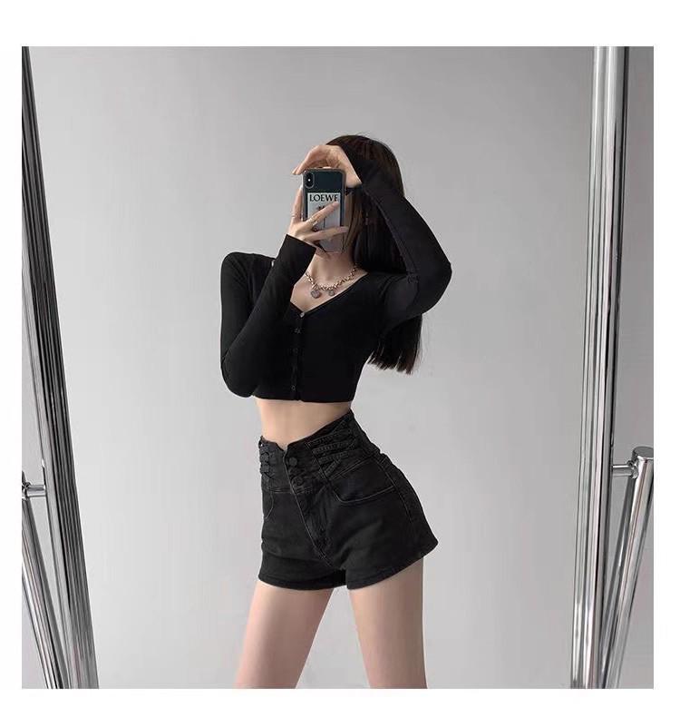 Women's Light Blue High-Waist A-Line Denim Shorts: 2025 Korean Summer Style, Elastic Waist, Casual Black Wide-Leg Design