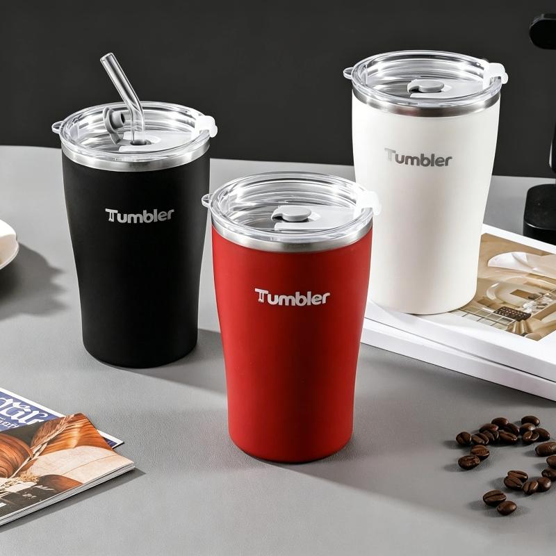 Stainless Steel Insulated Tumbler with Flip Straw Lid Double Wall Washable Reusable Coffee Mug for Work School Travel Use