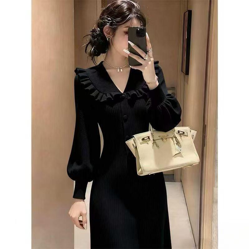 French Gentle Wind Light Luxury Doll Collar Bubble Sleeve Knitted Dress Women's Spring Senior Sense Slim Waist Long Dress