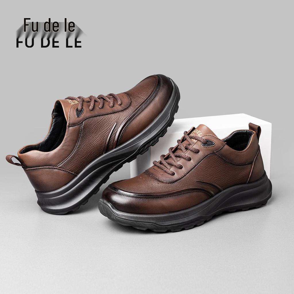 Fu De Le 2025 Men's Genuine Leather Non-Slip Dad Shoes - Soft Sole, Comfortable Cowhide Leather