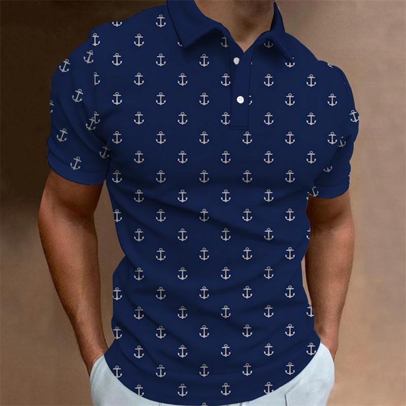 Fashion Mens Polo Shirt Short Sleeve Anchor Patter Mens Designer Clothes Causal Short Sleeve Button Lapel Polo T-shirts Apparel