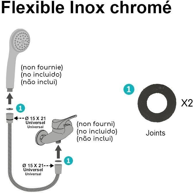 Flexible de douche - ROUSSEAU - Raccord universel - Format compact - Écrous métal - Longueur 1m50 - Inox chromé simple agrafage