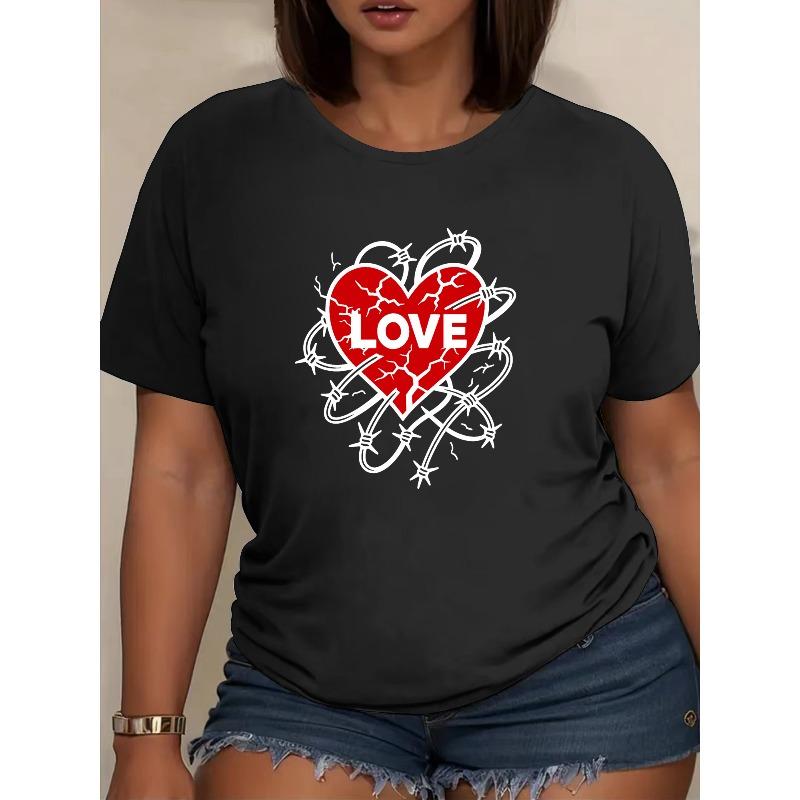 European Size Women's "Chain Heart LOVE" Printed Short-sleeved Shirt, Made of Soft and Breathable Polyester Fiber