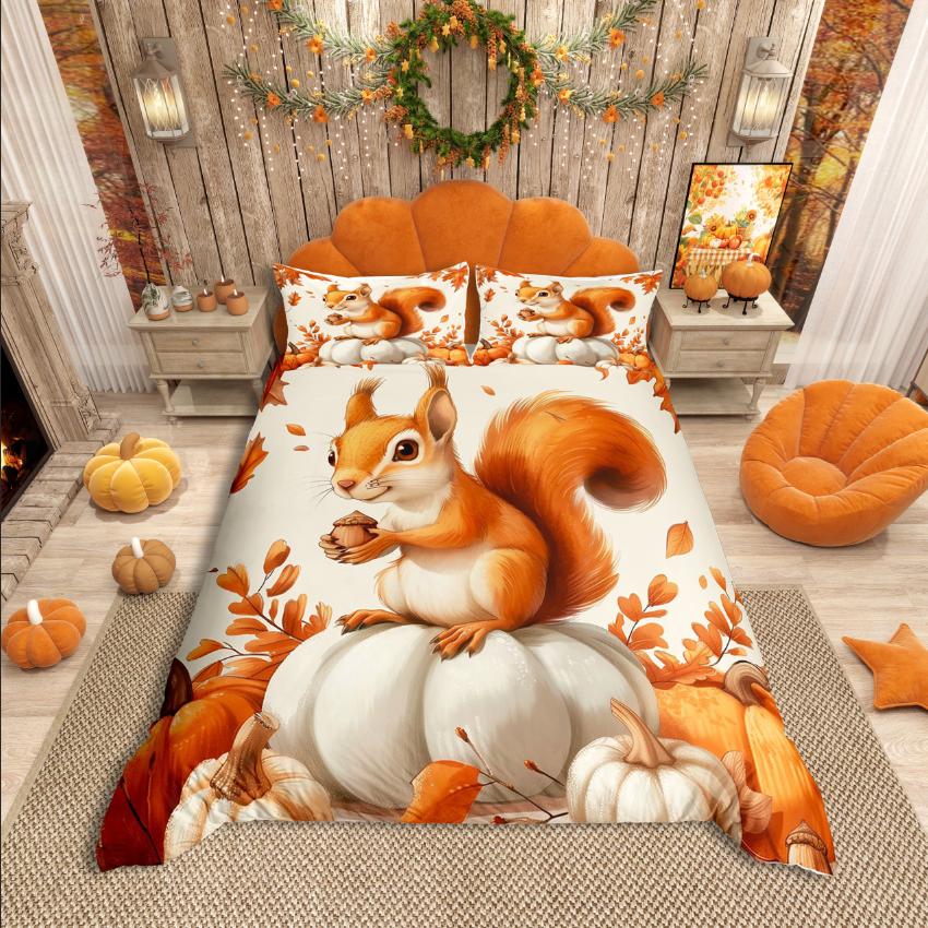 Homewish Herbsternte Kürbis Bettbezug Set, Thanksgiving Tag für Teenager Bettwäsche Set, Botanische Pflanzen Bettdeckenbezug Set