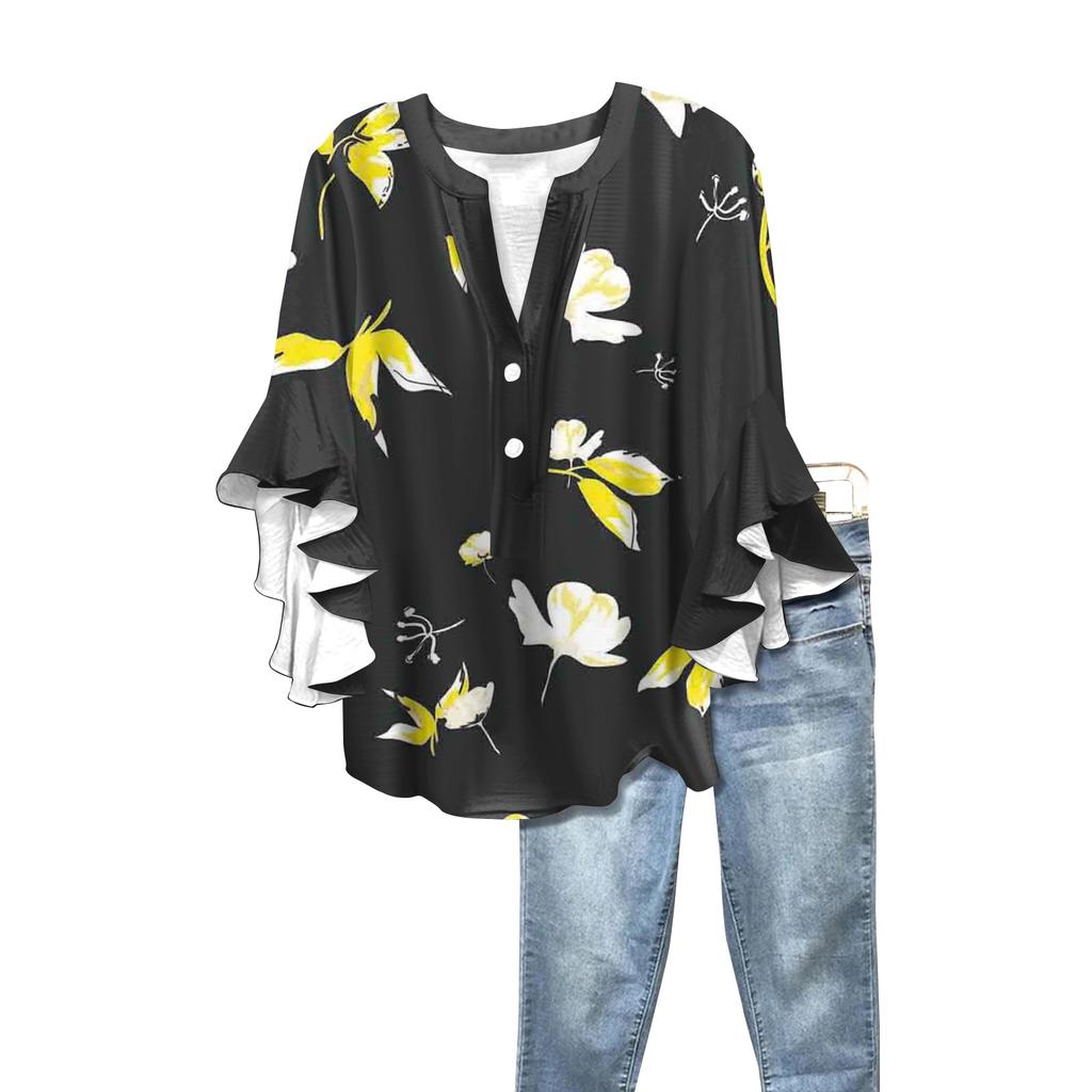 Summer Women's Tops V-Neck Seven Sleeve Shirt Spring Summer Floral Printed Tops Casual Shirt