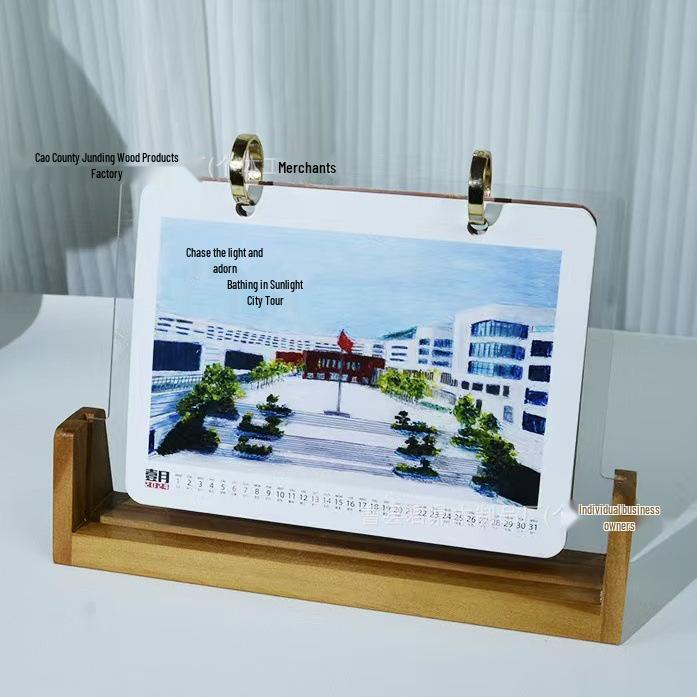 Solid Wood Desktop Calendar Stand with Transparent Acrylic Holder for Office