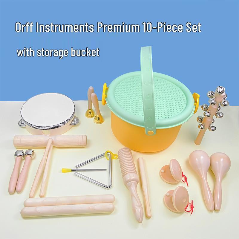 Children's Orff Percussion Instruments: Triangle, Castanets, Maracas, Tambourine, Wood Block, Cymbals