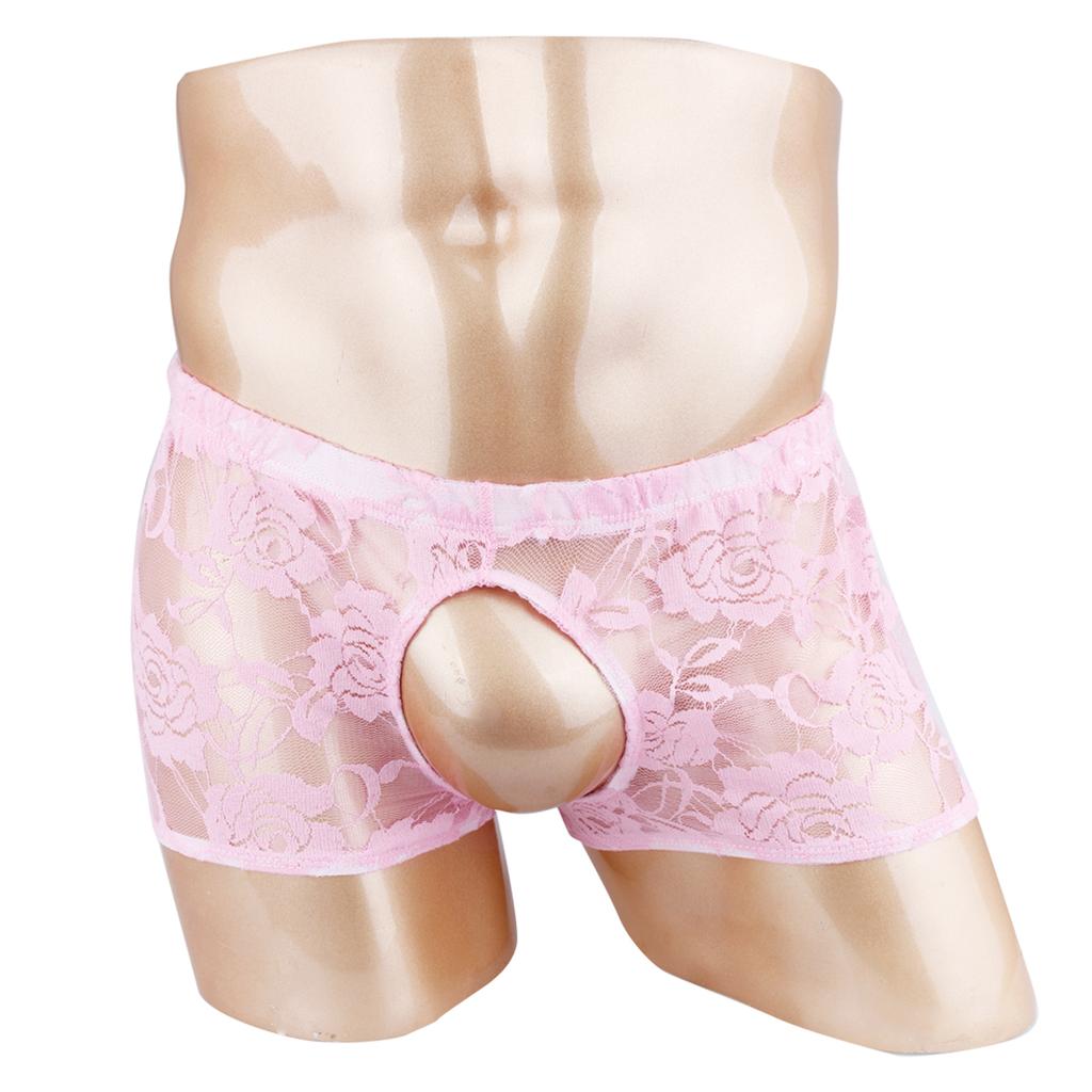 Men Sheer Lace Boxer Shorts Open Front Back See Through Pants Underwear