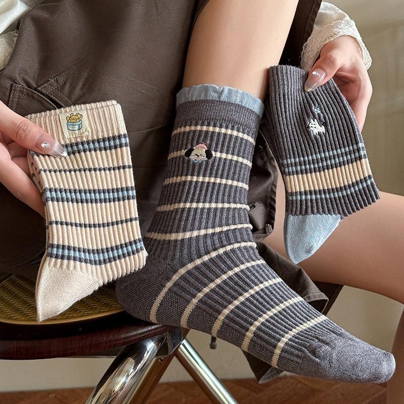 Greyish-blue Striped Women's Mid-calf Socks for Autumn and Winter, Warm, Thick and Cute Lace Trendy Long Calf Socks