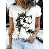 European Size Women'S Year of The Horse Graphic T-Shirt - Cute Cartoon Horse with Glasses & Chinese New Year Design,Round Neck Short Sleeve White Top