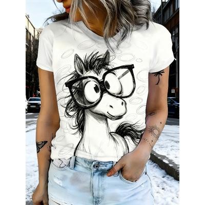 T-shirt Grafica da Donna Taglia Europea Anno del Cavallo - Carino Cavallo Cartoon con Occhiali e Design Capodanno Cinese, Maglietta Bianca Girocollo a Maniche Corte