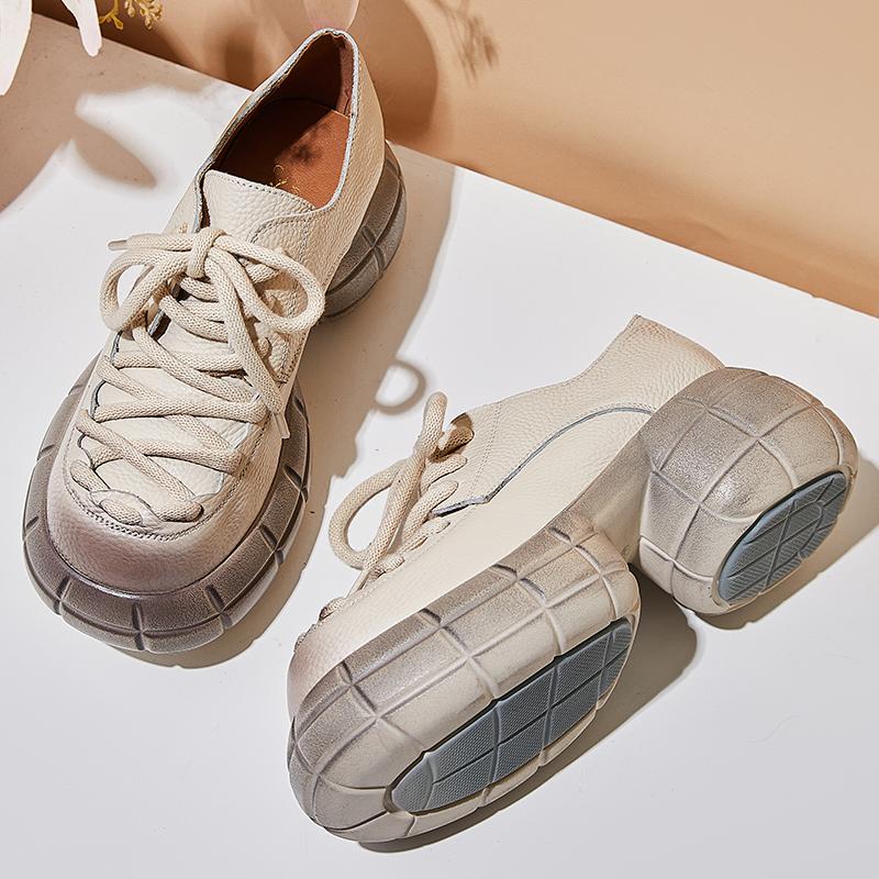 Fashion GKTINOO Genuine Leather 2025 Spring New Round Toe Thick Sole Lace Up Loafers Casual Versatile Women's Flat Platform Shoes