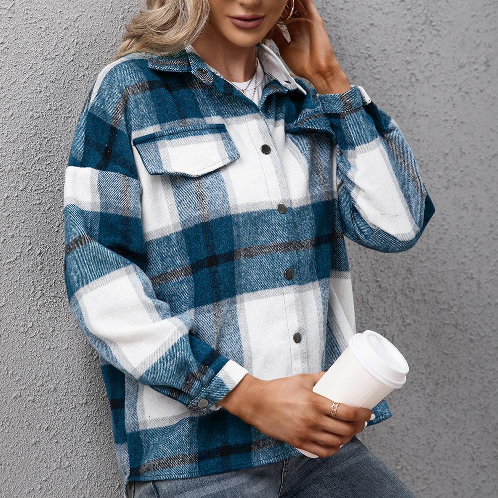 

Thickened cashmere long-sleeved plaid top loose casual shirt plush plaid jacket jacket women XL темно-синього кольору