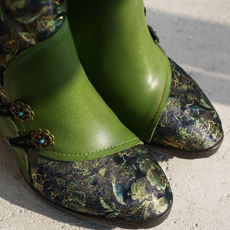 Johnature Retro Genuine Leather Patchwork Jacquard Fabric High-heeled Women's Short Boots