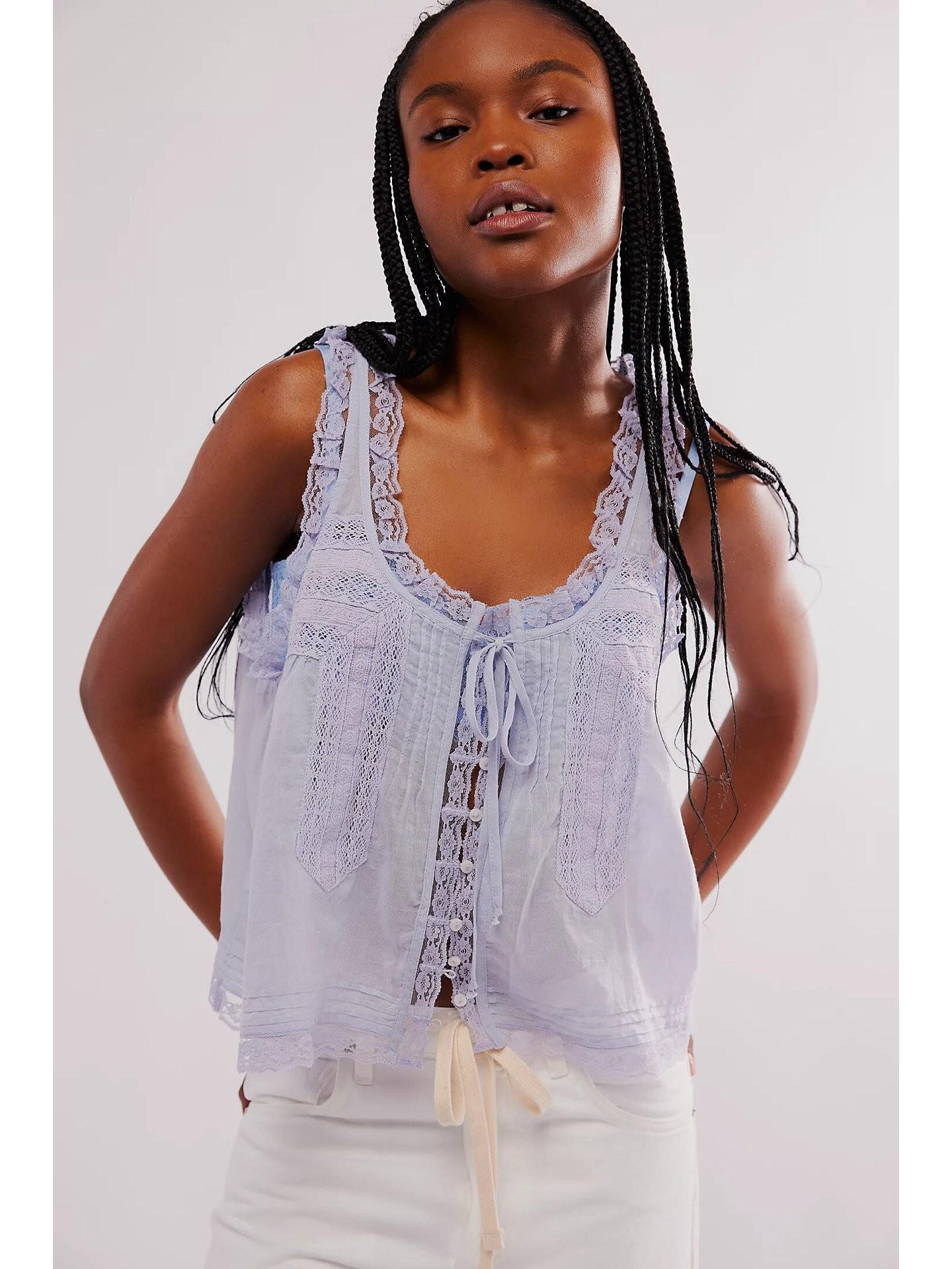 2025 Summer French V-neck Lace Trim Sleeveless Camisole Top Large