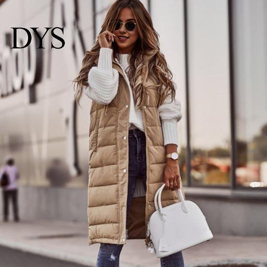 Winter Waistcoat Women Vest Coat Hooded Solid Color Zipper Closure Drawstring Padded Sleeveless Thick Mid Length Windproof Warm Lady Long