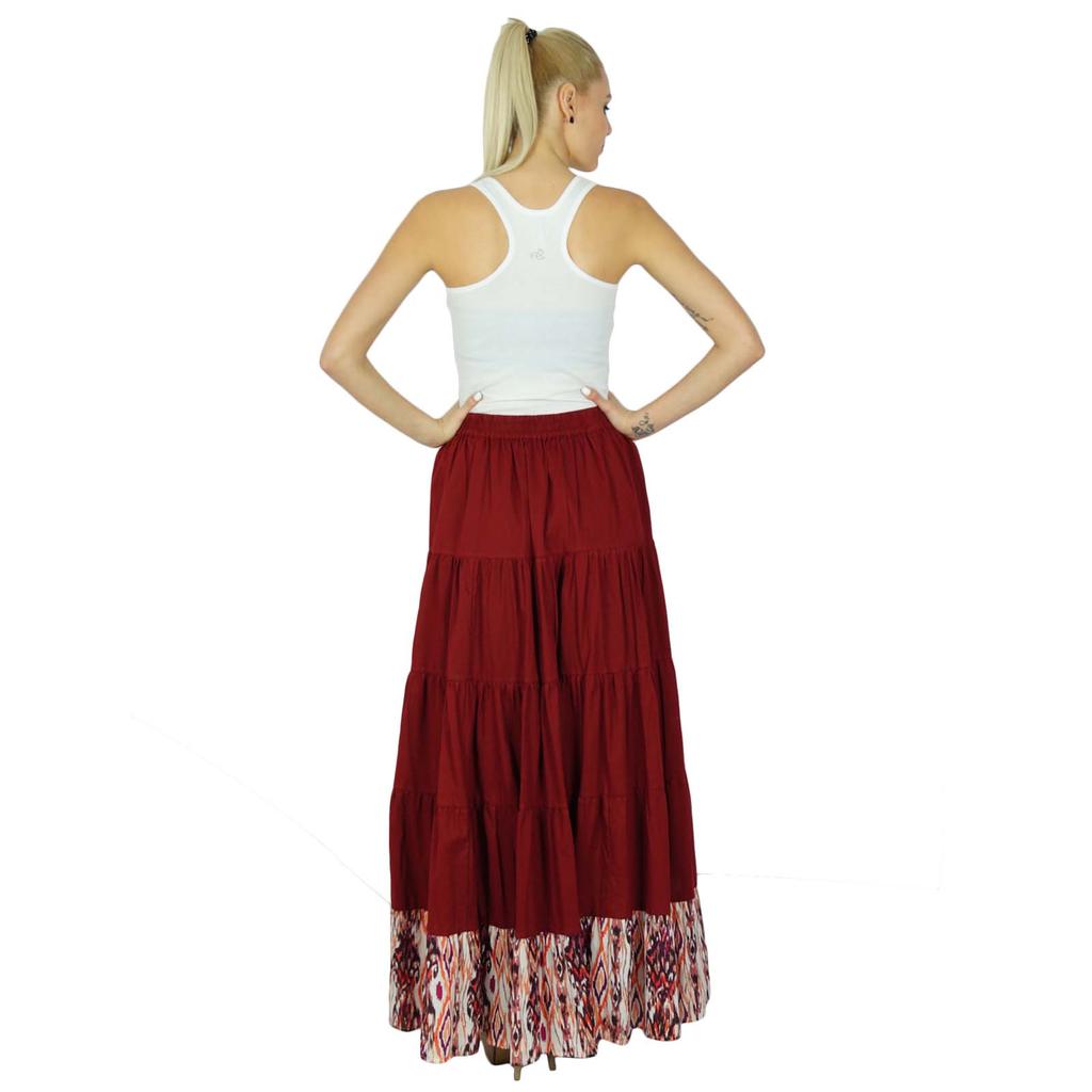 Bimba Długa rozkloszowana spódnica bawełniana damska w kolorze bordowym, długie spodnie z elastycznym pasem