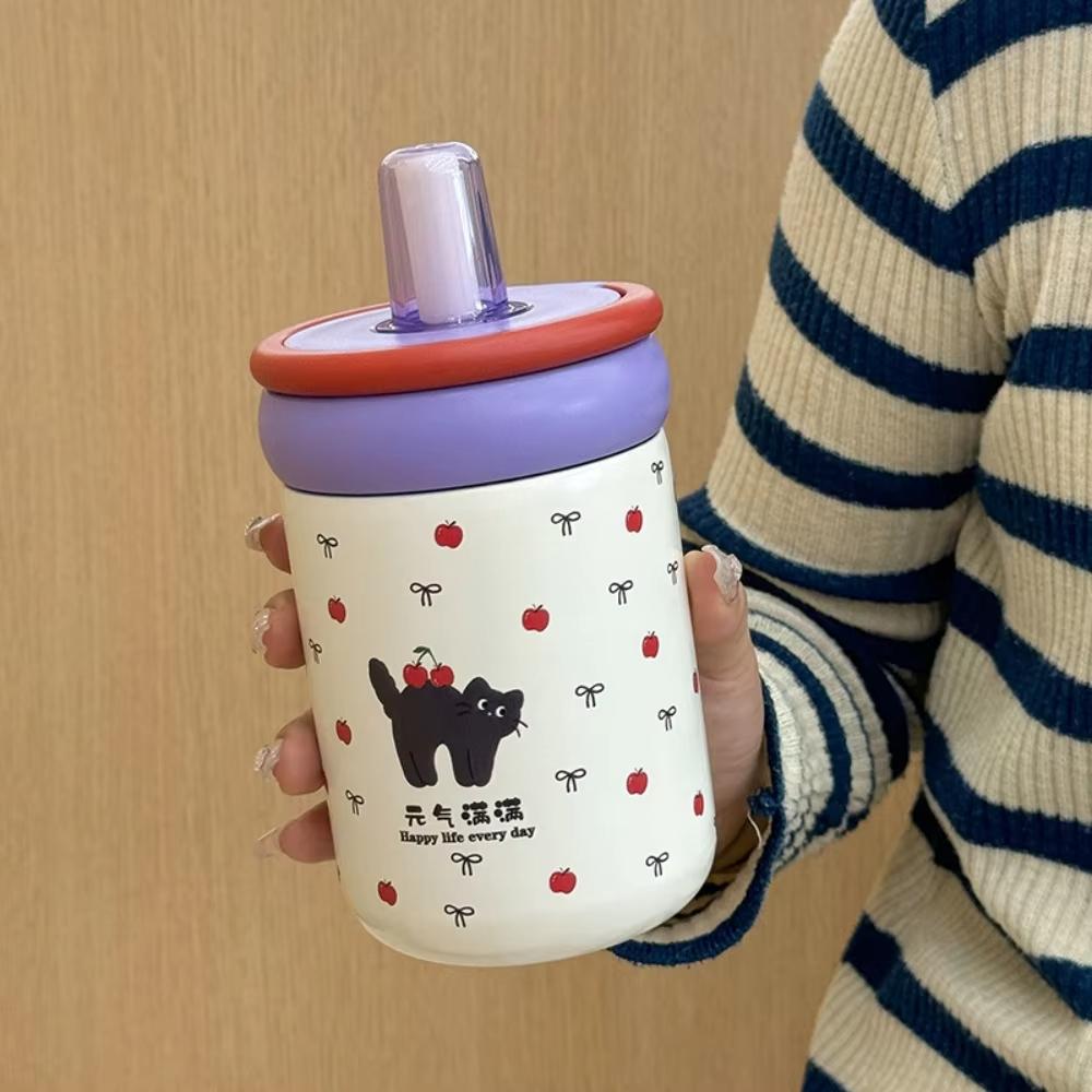 Stainless Steel Insulated Water Bottle for Women, High Aesthetic Straw Cup, Portable Student Drinking Mug, Casual Style