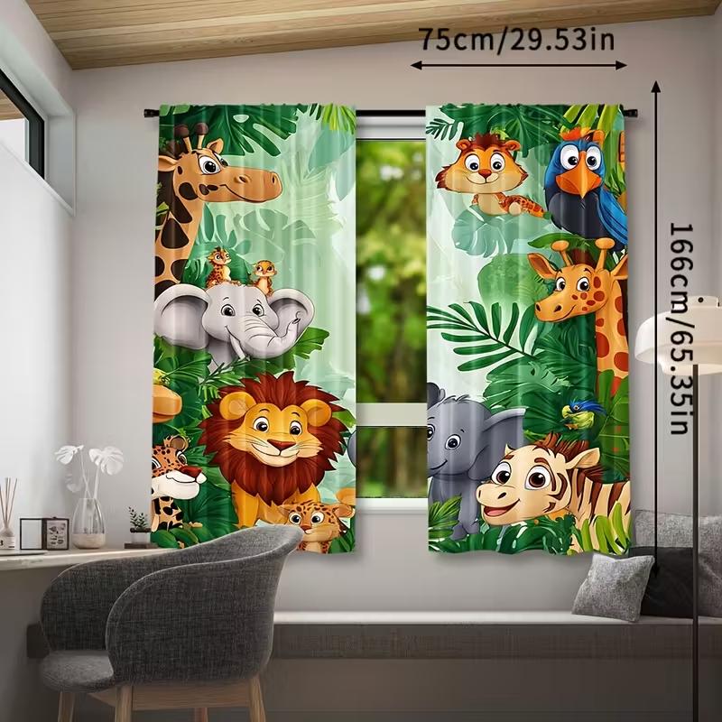 2PC Cartoon Jungle Animal Sheer Curtains - Kids Safari Themed Print Window Drapes for Children's Room Bedroom Decor