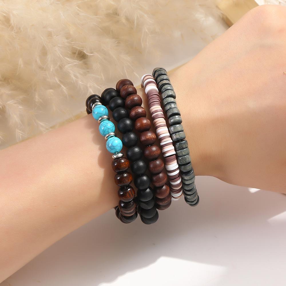 LATS Bohemian Multi-Layer Handmade Wooden Bead Elastic Bracelets, Jewelry for Women and Men