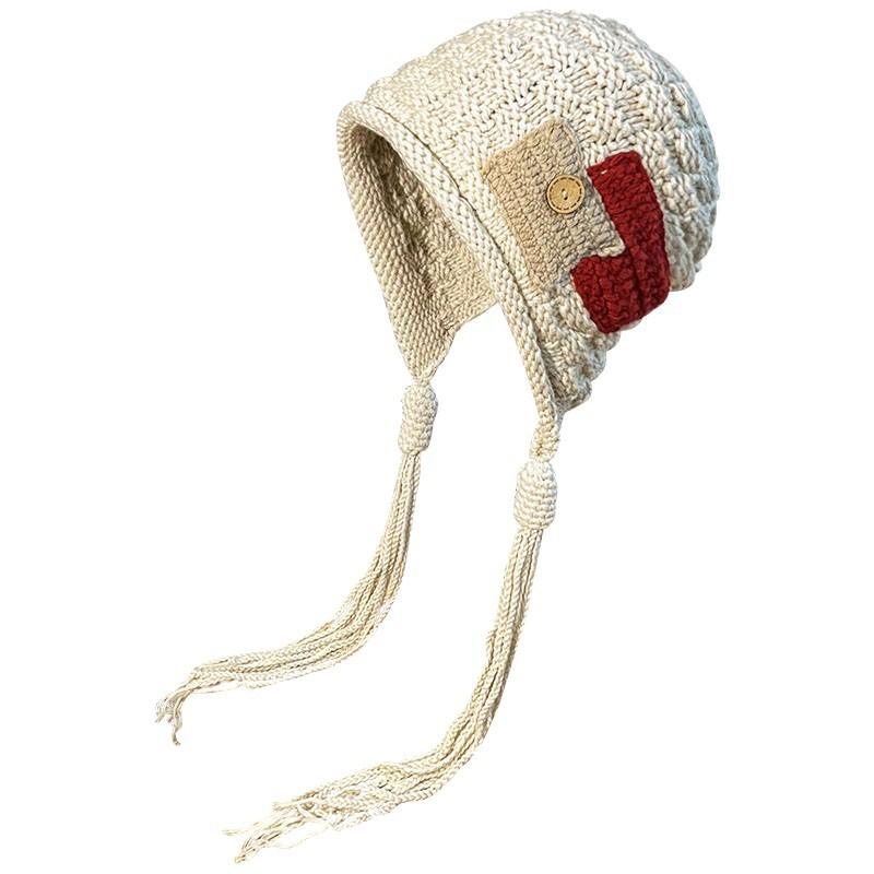 Trendy fringed warm hat women's autumn and winter handknitted pullover wool hat versatile ear protection hat tide
