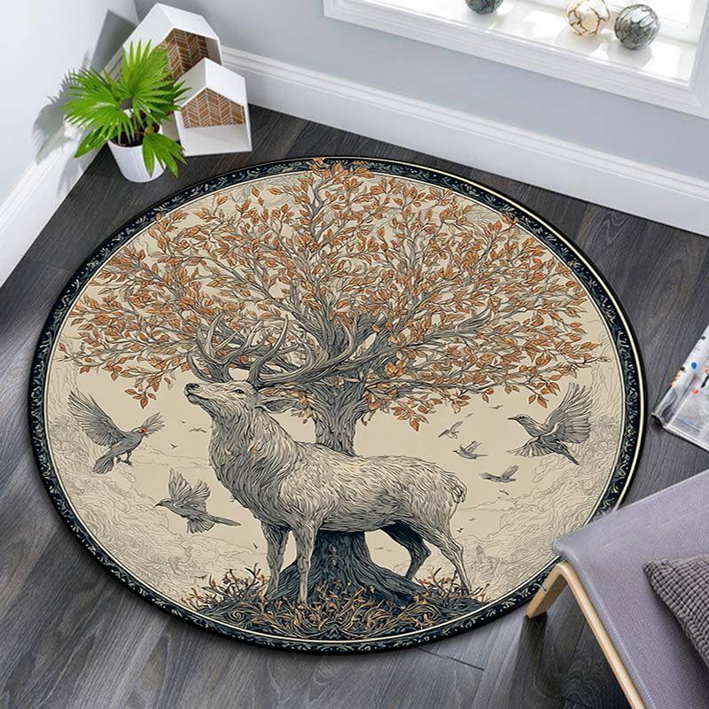 

Elk and Birds Round Area Rug,Carpet Rug for Living Room Bedroom Sofa Playroom Decor,Non-slip Floor Mat 80cmx80cm