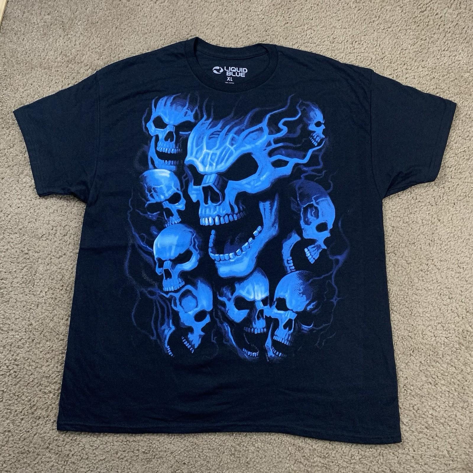 Liquid Blue Mens XL Black Short Sleeve Graphic Shirt Skulls Lightning acid Drip S