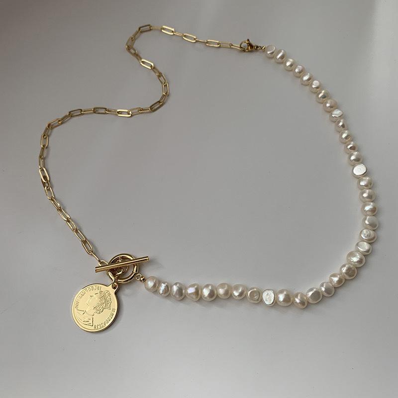 French Retro Freshwater Pearl Portrait Coin Pendant Necklace Korean Personality Versatile Neck Chain Collarbone Chain