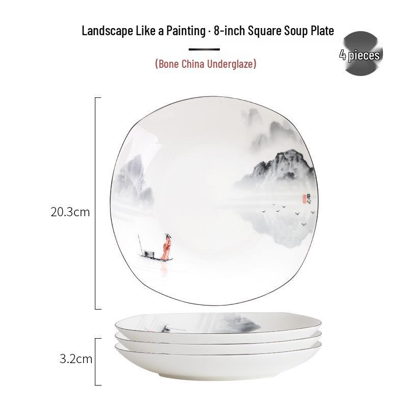 Tangshan Underglaze Ceramic Landscape Ramen Bowl Set